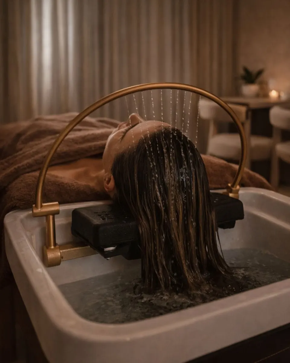Soin head spa : chevelure sous l'arche d'eau d'une vasque, dans une lumière chaude